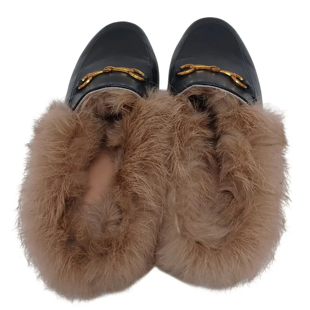 ARQA Black Leather Rabbit Fur Lined Backless Mules EU 37